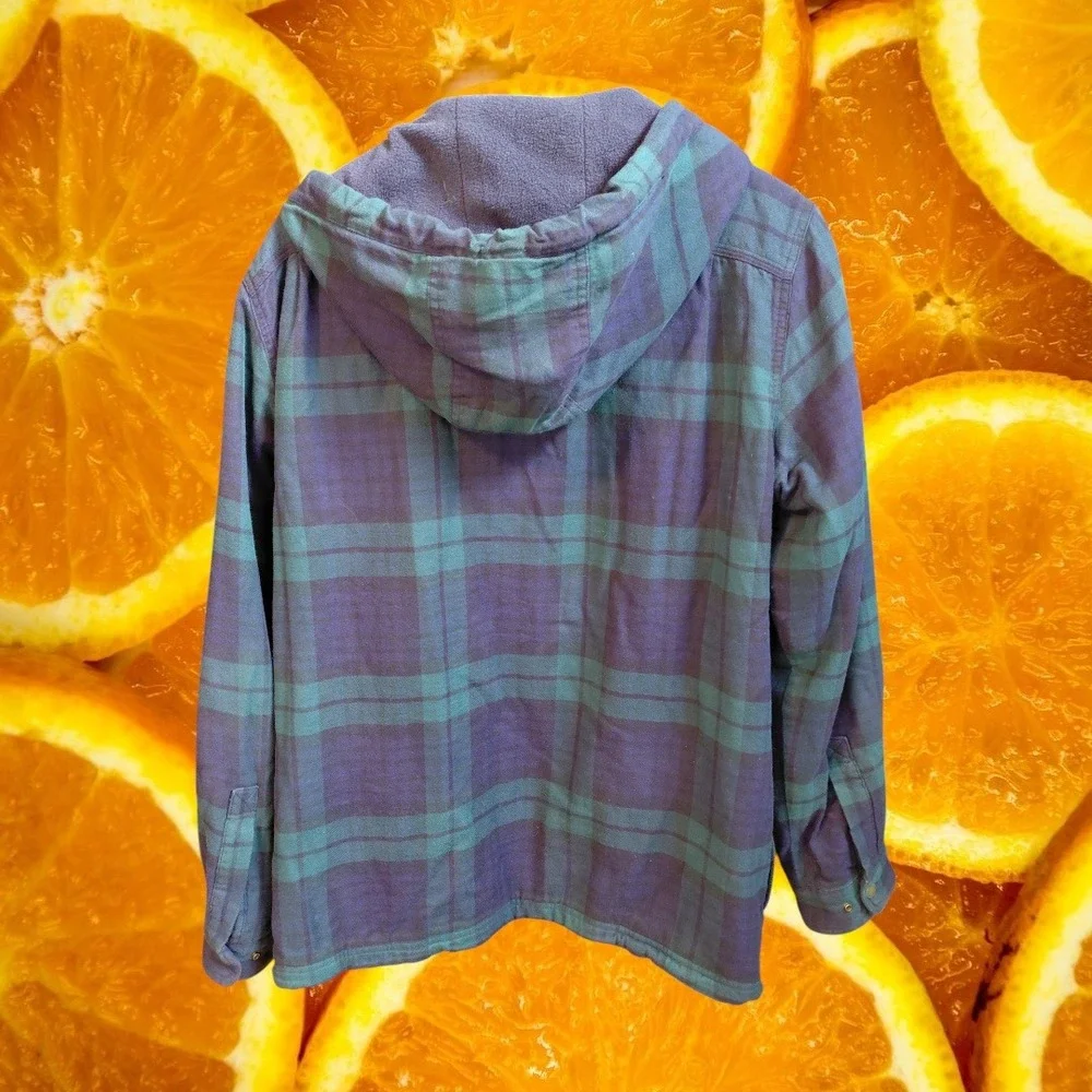 LL Bean M Plaid Fleece Lined Flannel Hoodie Navy Teal Shacket 513831